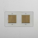 Four-Position Double Rocker Switch in Clear Antique Brass White - Modern Light Control on White Background