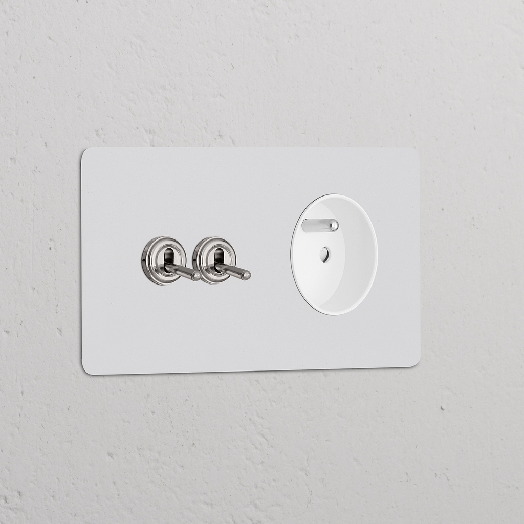 Interrupteur VV à Levier x2 & Prise de Courant Ronde Type E (Plaque Double) - Nickel Poli Peignable Insert Blanc