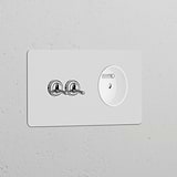 Interrupteur VV à Levier x2 & Prise de Courant Ronde Type E (Plaque Double) - Nickel Poli Peignable Insert Blanc