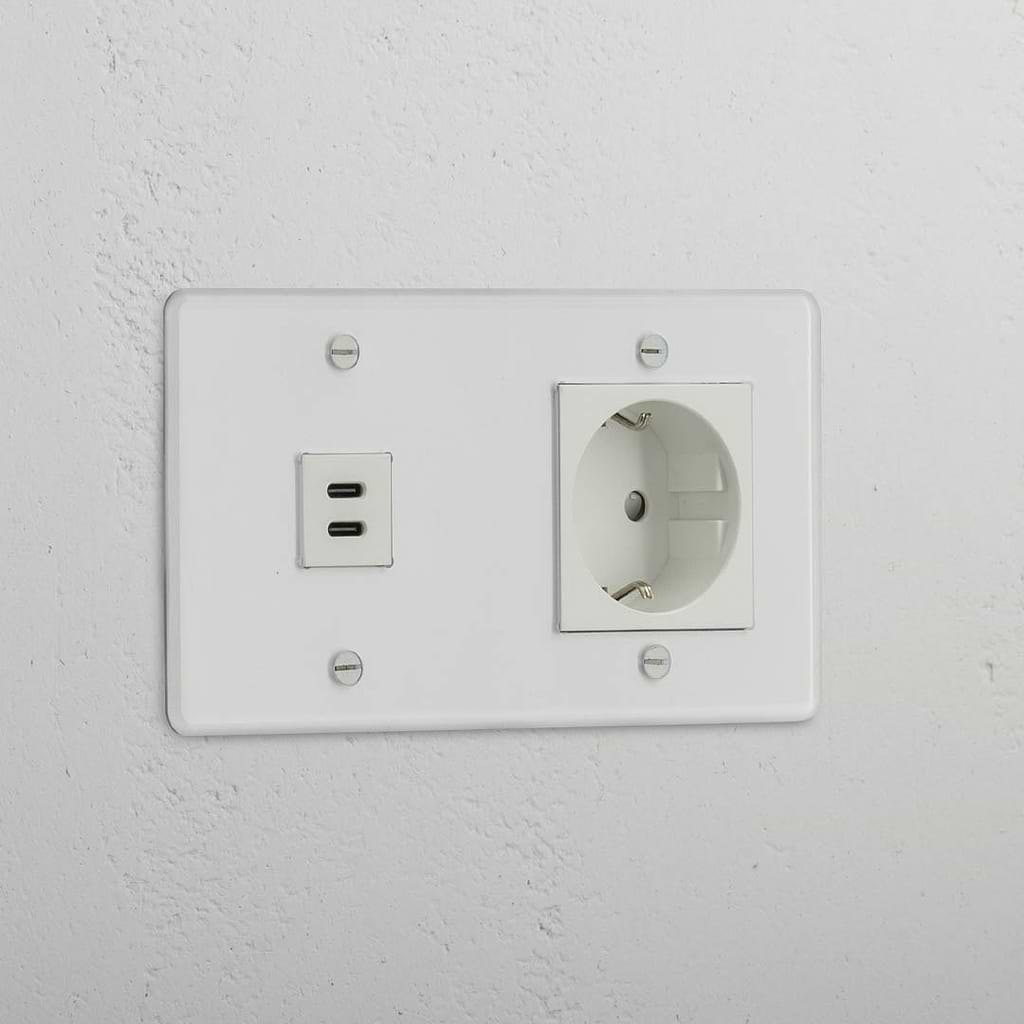 Double USB 30W and Schuko Module in Clear White - High-capacity Power Accessory