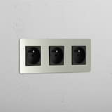 High Capacity French Standard Power Outlet: Polished Nickel Black Triple 3x French Power Module