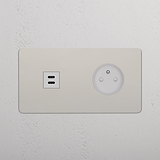 Prise USB-C 30W & Prise de Courant Ronde Type E (Plaque Double) - Nickel Poli (Insert Blanc)
