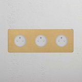 Prise de Courant Ronde Type E x3 (Plaque Triple) - Laiton Ancien (Insert Blanc)
