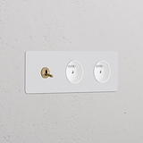 Interrupteur VV à Levier & Prise de Courant Ronde Type E x2 (Plaque Double) - Laiton Ancien Peignable Insert Blanc