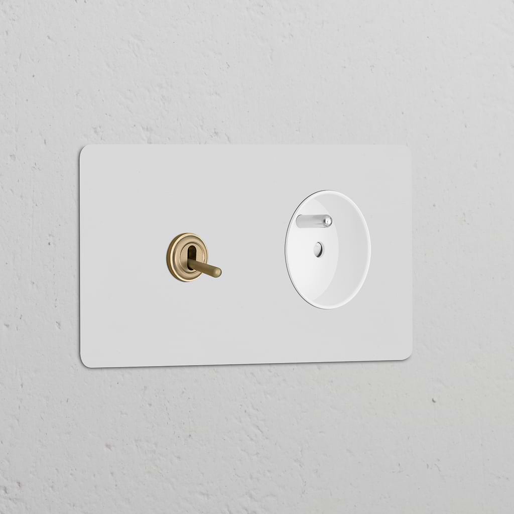 Interrupteur VV à Levier & Prise de Courant Ronde Type E (Plaque Double) - Laiton Ancien Peignable Insert Blanc