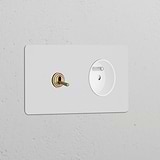 Interrupteur VV à Levier & Prise de Courant Ronde Type E (Plaque Double) - Laiton Ancien Peignable Insert Blanc