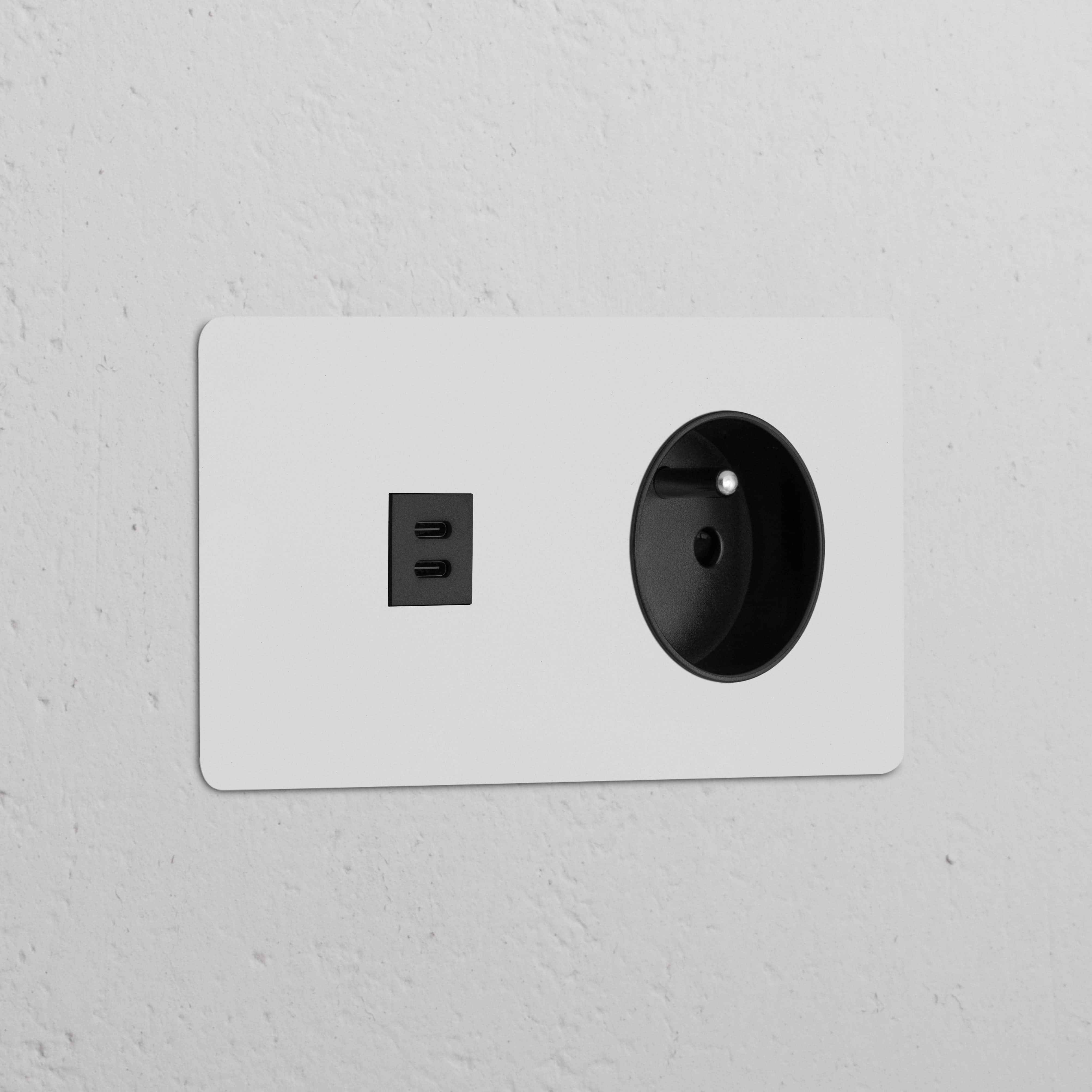 Prise murale double avec prise USB-C 30 W et type E, insert noir, pouvant être peint, pour des solutions de charge polyvalentes.