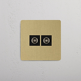Dual-Socket TV Module, Single Layout, Antique Brass Black on White Background