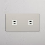 Dual High-Speed Charging Outlet: Polished Nickel White Double 2x USB Module on White Background