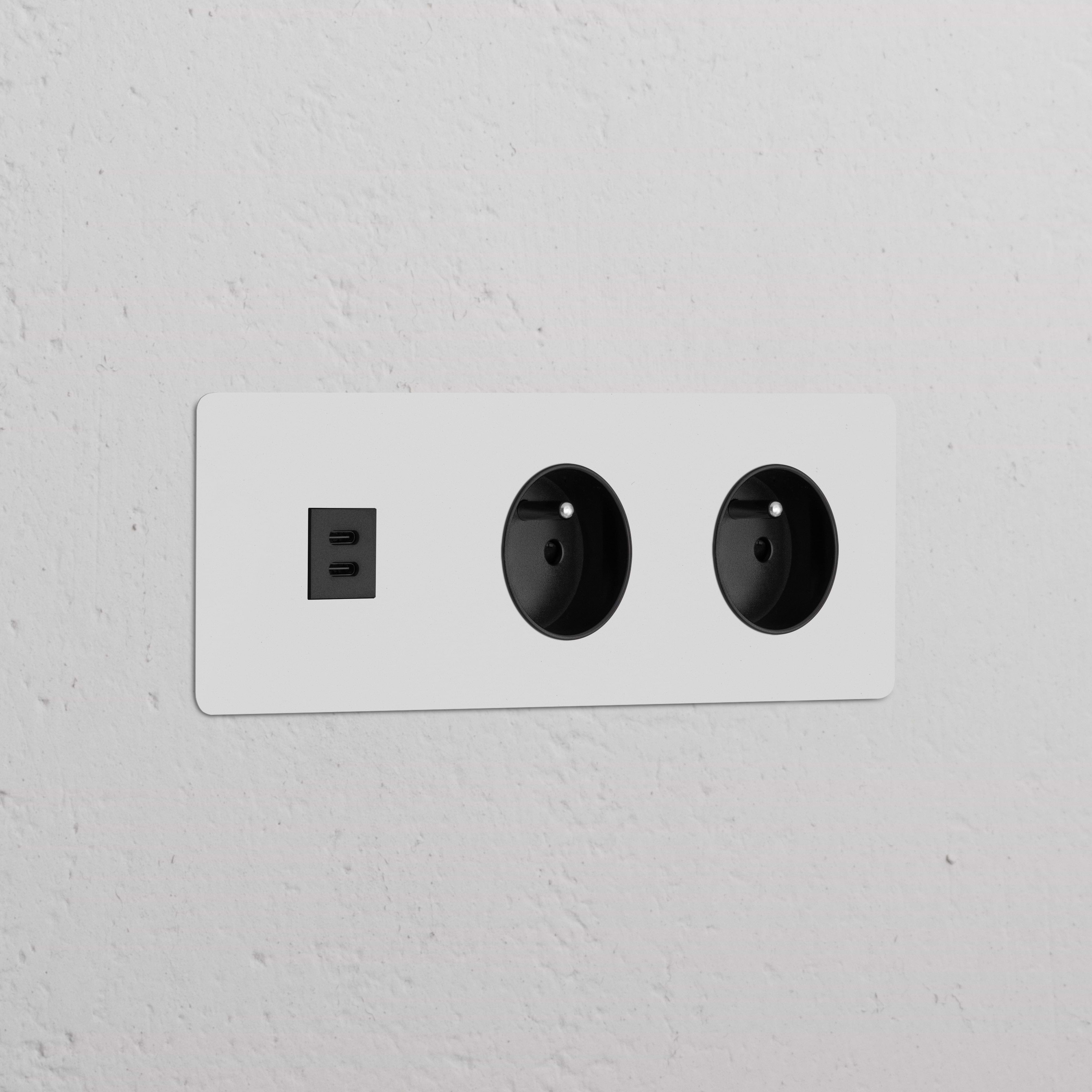 Prise USB-C 30W & double Prise de Courant Ronde Type E sur un Insert Peignable Noir Plaque Triple.