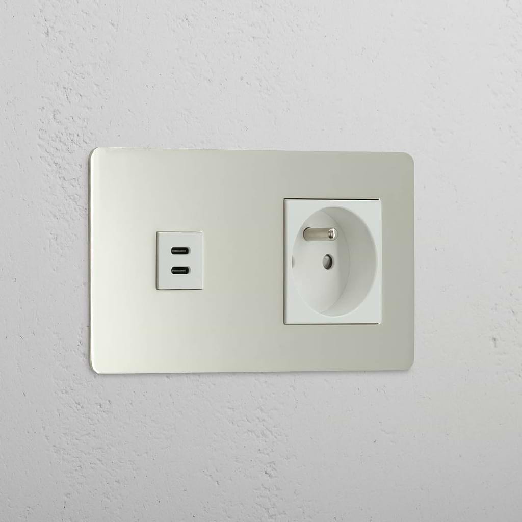 Mixed High-Speed Charging and French Standard Outlet: Polished Nickel White Double USB 30W & French Module