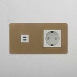 Antique Brass White Double Module with Schuko and 30W USB on White Background
