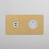 Prise USB-C 30W & Prise de Courant Ronde Type E (Plaque Double) - Laiton Ancien (Insert Blanc)