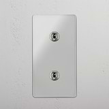 Practical Vertical Double Toggle Switch in Clear Polished Nickel - User-Friendly Lighting Accessory on White Background