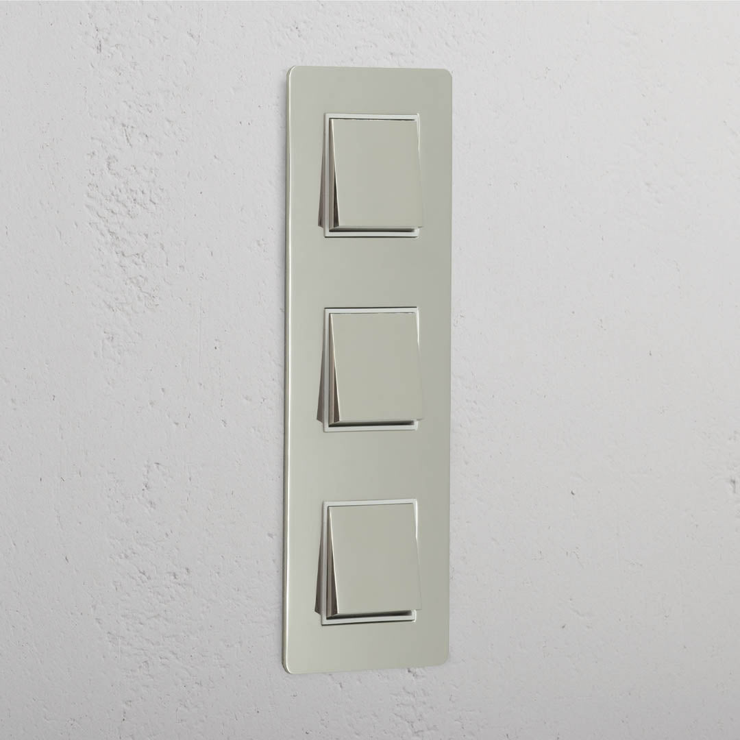 High Capacity Vertical Light Control Switch: Triple 3x Vertical Rocker Switch in Polished Nickel White