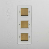 Efficient Light Control Tool: Vertical Triple Rocker Switch in Clear Antique Brass White on White Background