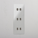 Comprehensive Vertical Six-Position Triple Toggle Switch in Clear Polished Nickel - Superior Lighting System on White Background