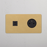 Prise USB-C 30W & Prise de Courant Ronde Type E (Plaque Double) - Laiton Ancien (Insert Noir)