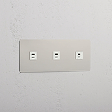 High Capacity High-Speed Charging Outlet: Triple 3x USB Module in Polished Nickel White
