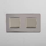 Dual Light Control Switch: Polished Nickel White Double 2x Rocker Switch on White Background