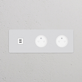 Prise USB-C 30W & Prise de Courant Ronde Type E x2 (Plaque Triple) - Peignable Insert Blanc
