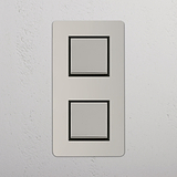 Dual Vertical Light Control Switch on White Background: Polished Nickel Black Double 2x Vertical Rocker Switch