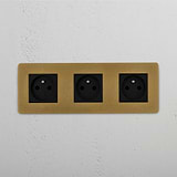 Triple French Power Module in Antique Brass Black, 3-Port Design on White Background