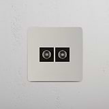 Dual TV Signal Accessory on White Background: Polished Nickel Black Single 2x TV Module