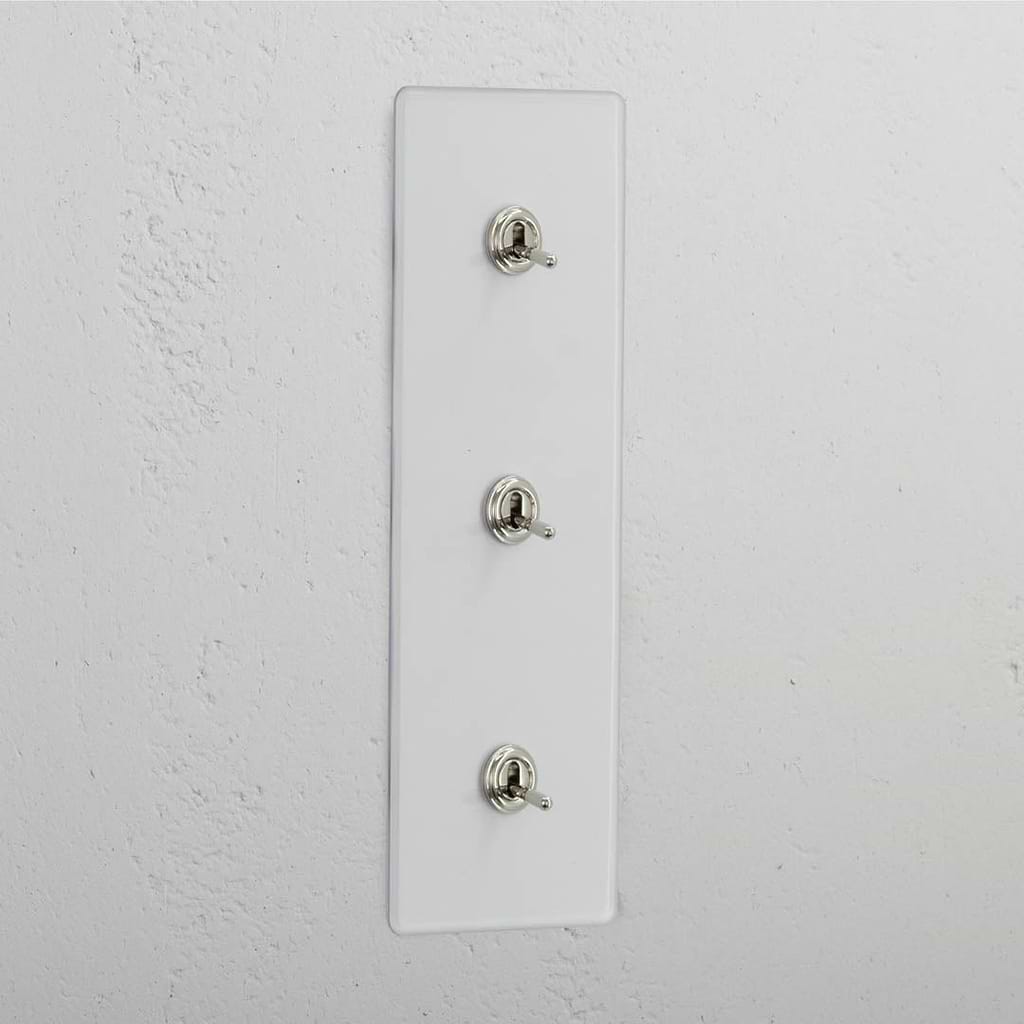 Vertical Triple Toggle Switch in Clear Polished Nickel - User-friendly Lighting Accessory