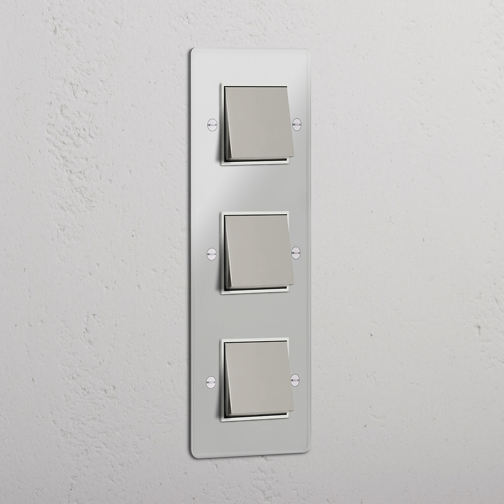 Vertical Triple Rocker Switch in Clear Polished Nickel White - Space-Saving Lighting Control System