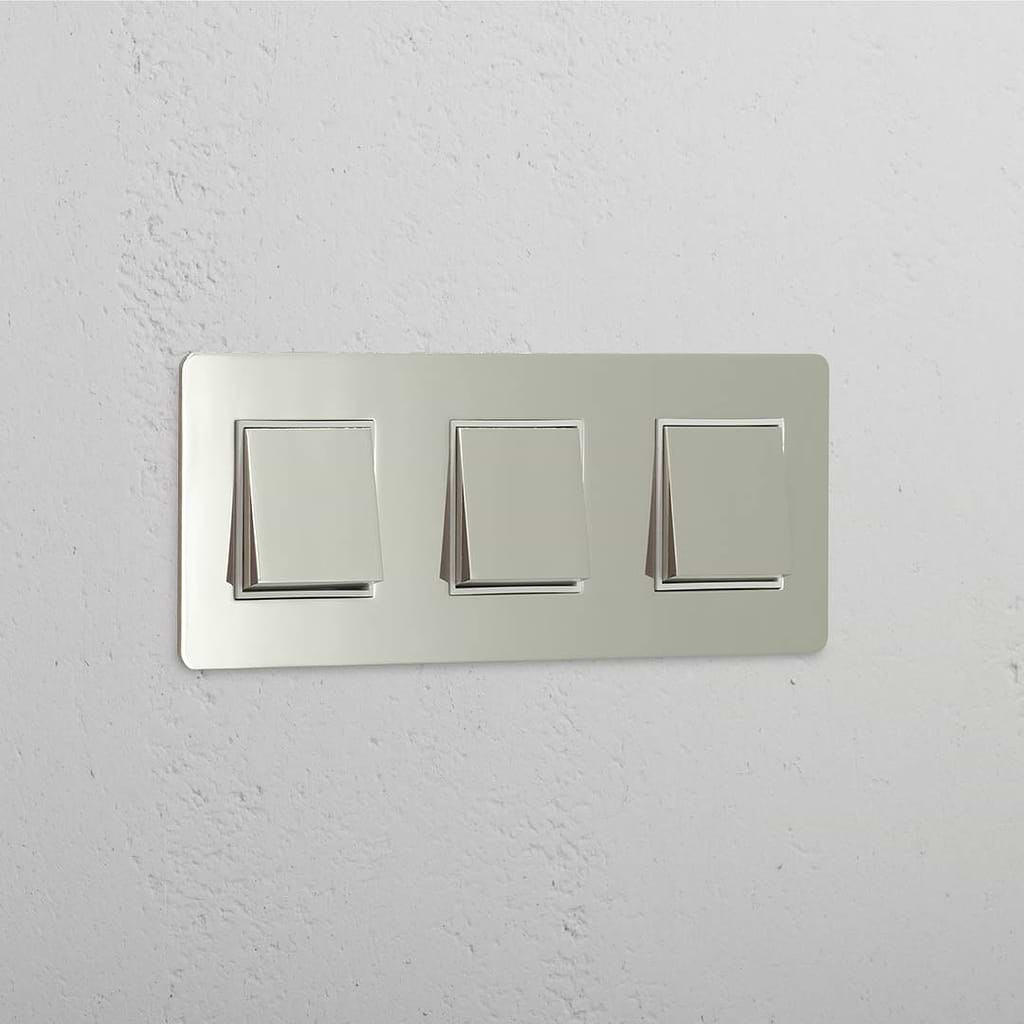 High Capacity Light Control Switch: Triple 3x Rocker Switch in Polished Nickel White