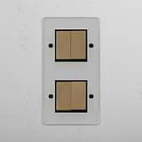 High-Capacity Double Vertical Rocker Switch in Clear Antique Brass Black on White Background