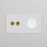 Interrupteur VV à Levier x2 & Prise de Courant Ronde Type E (Plaque Double) - Laiton Ancien Peignable Insert Blanc