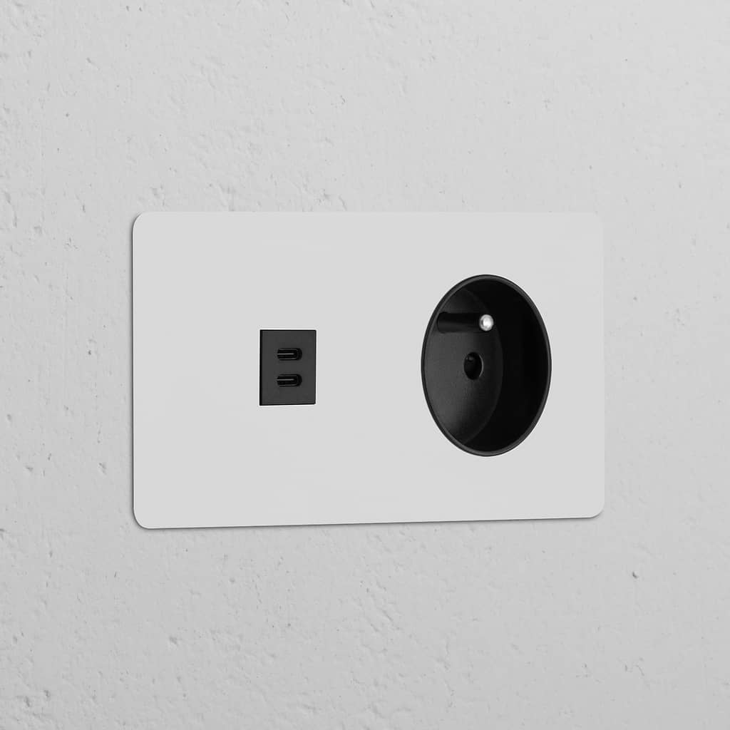 Prise USB-C 30W & Prise de Courant Ronde Type E (Plaque Double) - Peignable Insert Noir