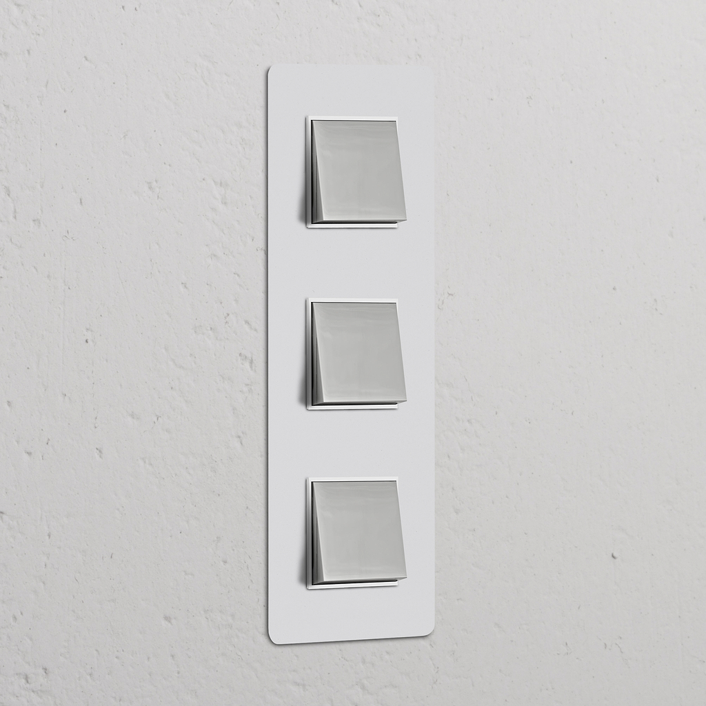 Interrupteur VV Carré x3 Vertical (Plaque Triple) - Nickel Poli Peignable Insert Blanc