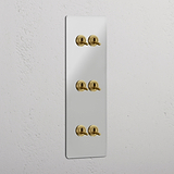 Vertical Triple Toggle Switch in Clear Antique Brass with 6 Levers - Robust Lighting Solution