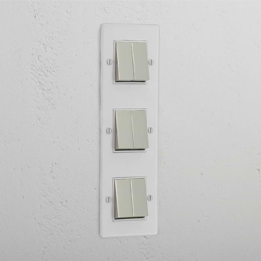 Vertical Six-Function Triple Rocker Switch in Clear Polished Nickel White - Advanced Lighting Solution