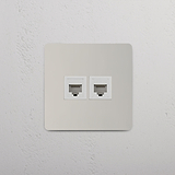 Dual Network Connectivity Accessory: Polished Nickel White Single 2x RJ45 Module on White Background