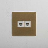Two Port RJ45 Single Module in Antique Brass White on White Background