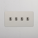 High Capacity Quad Control Toggle Switch on White Background: Polished Nickel Double 4x Toggle Switch