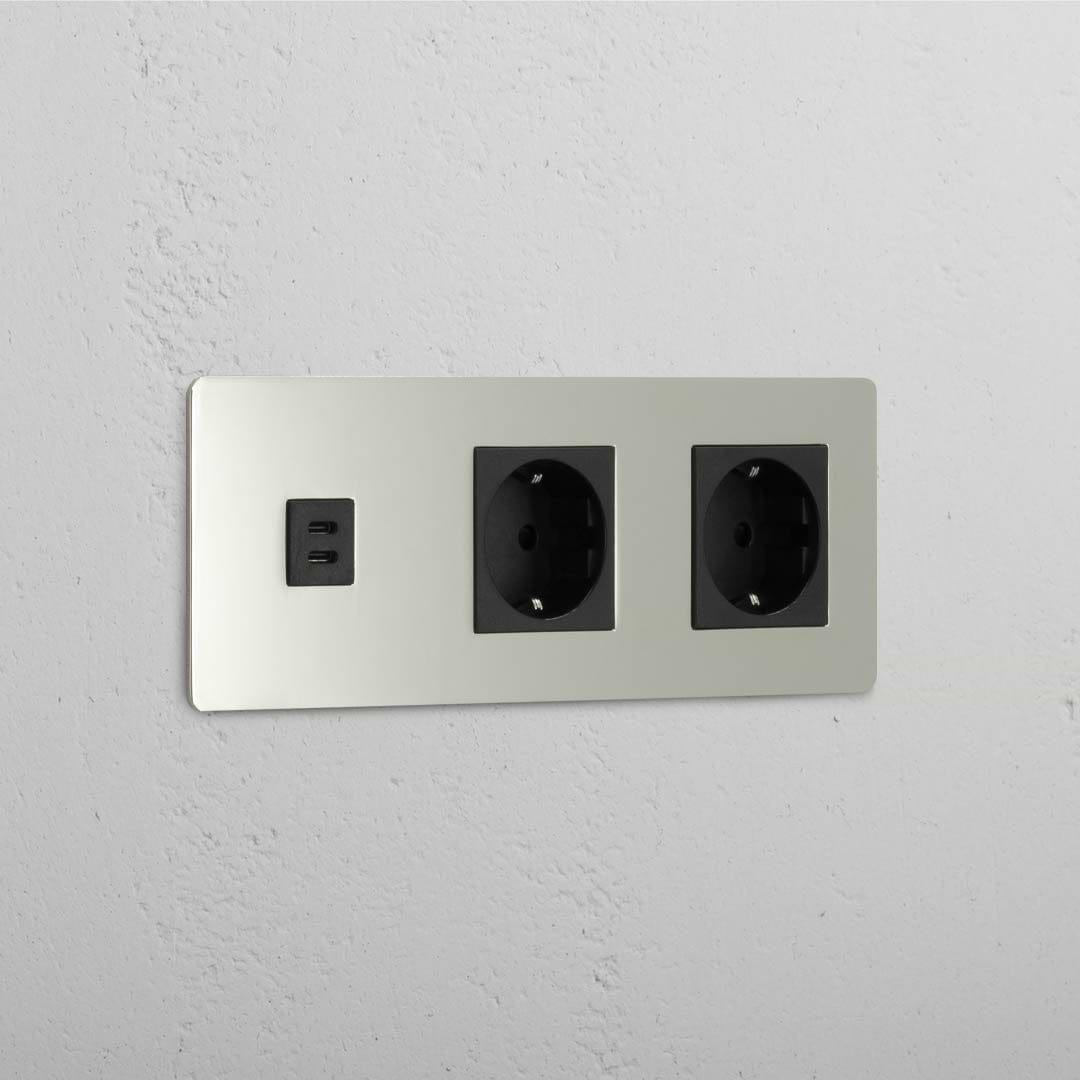 Mixed High-Speed Charging and Schuko Standard Outlet: Polished Nickel Black Triple USB 30W & 2x Schuko Module