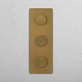 Vertical Dimmer Switch with Triple Functionality in Antique Brass on White Background