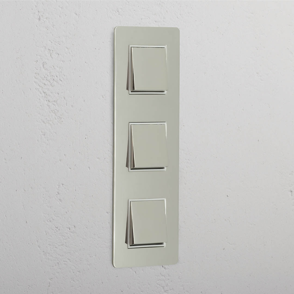 High Capacity Vertical Light Control Switch: Triple 3x Vertical Rocker Switch in Polished Nickel White