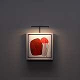 Peinture abstraite encadrée aux formes rouges et grises, éclairée par une lampe à tableau Harrow en bronze au-dessus. 