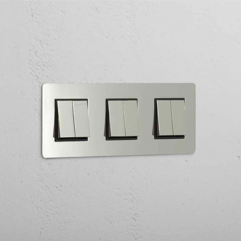 Super Capacity Light Control Switch: Polished Nickel Black Triple 6x Rocker Switch