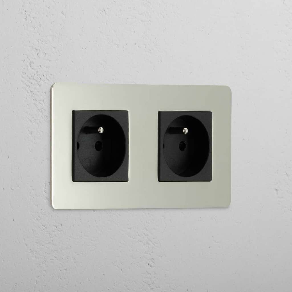 Double French Power Module in Polished Nickel Black - Dual Power Outlet for French Standard