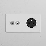 Interrupteur VV à Levier x2 & Prise de Courant Ronde Type E (Plaque Double) - Nickel Poli Peignable Insert Noir