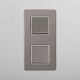 Dual Vertical Light Control Switch: Polished Nickel White Double 2x Vertical Rocker Switch on White Background