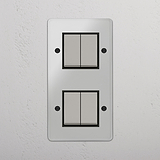 Comprehensive Vertical Four-Position Double Rocker Switch in Clear Polished Nickel Black - Innovative Light Control Tool on White Background