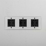 Reliable Triple Schuko Module in Clear Black for Power Connection on White Background
